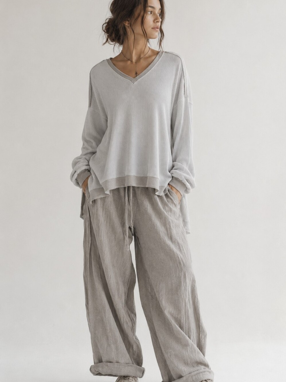 XCVI The Oxley V-neck Hi-lo Valentina Thermal Waffle Knit Top Women's M NWT